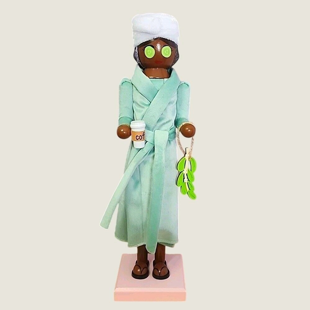 Spa Lady Girl Nutcracker African American Bath Robe Cucumbers Christmas Wood 14"
